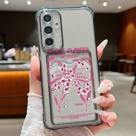 Pink Bow Case For Samsung S26 Ultra S25 S24 A56 A17 A55 A36 Card Slot TPU Cover