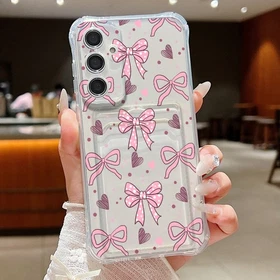 Pink Bow Case For Samsung S26 Ultra S25 S24 A56 A17 A55 A36 Card Slot TPU Cover