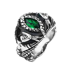 Vintage Snake Ring with Green Crystal Gothic Retro Stainless Steel Biker Ring