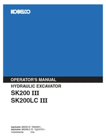 Kobelco SK200-3, SK200LC-3 Excavator Service, Parts Catalog & Operator's Manual