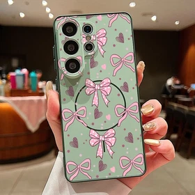 For Samsung S26 Ultra S25 FE S24 A57 A16 A17 Cute Bow Hard Case Magnetic Cover