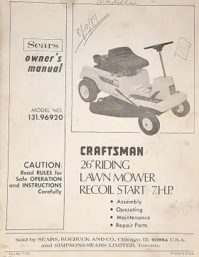 131.8260 CRAFTSMAN Sears Riding Lawn Mower Tractor Manual