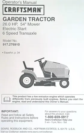 917.276921 CRAFTSMAN Sears Garden Tractor Owners Manual