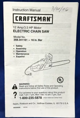 917.351780 CRAFTSMAN Sears Electric Chainsaw Bar Manual