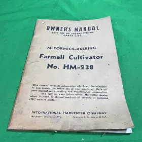 HM-238 FARMALL Mccormick Deering Cultivator Owners Manual