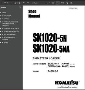 SK1020-5NA KOMATSU Skid Steer Operators Service Engine Repair