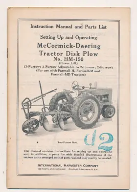 HM-150 MCCORMICK Deering Tractor Plow Owners Manual