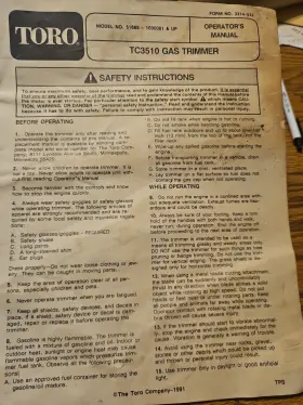 TC3510 TORO Gas Trimmer Operators Manual Up