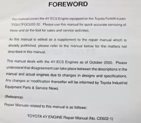 4Y-ECS TOYOTA Forklift Engine Repair Service Manual Book #3
